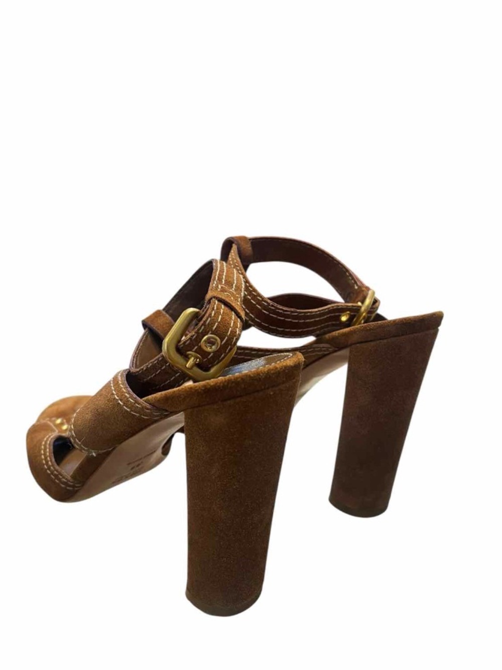 Prada Brown Suede T-Strap Block Heel Sandals with Gold Rings - Picture 6 of 7
